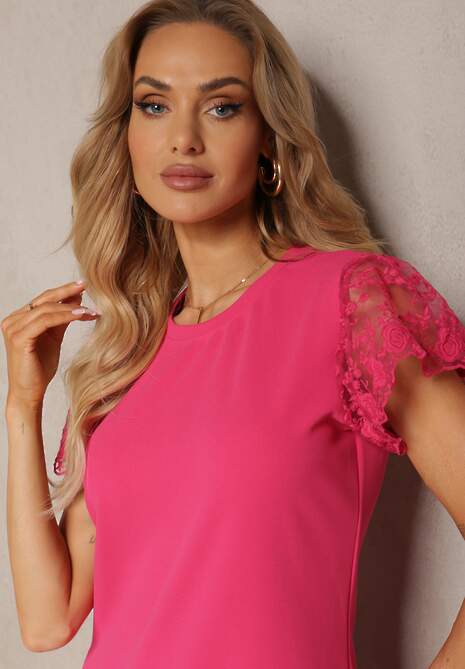 Fuksjowa Casualowa Sukienka Ozdobiona Koronką na Rękawku Haaklanda