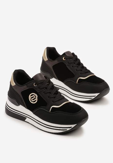 Czarne Sneakersy na Platformie z Metaliczną Ozdobą Roniane
