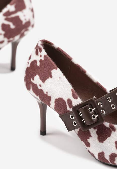 Brązowe Czółenka Vices w Krowie Łaty na Szpilce z Wkładką ze Skóry Naturalnej z Klamrą Nalisette Viralowe