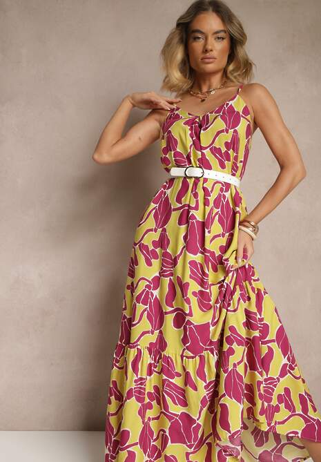 Jasnozielona Wiskozowa Sukienka o Rozkloszowanym Kroju na Cienkich Ramiączkach Sepalina