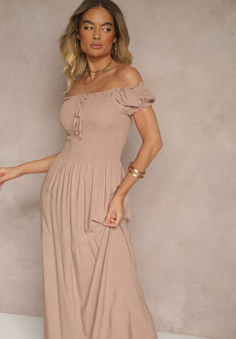 Beżowa Sukienka z Wiskozy w Stylu Hiszpanki Ozdobiona Marszczeniem Jenalena