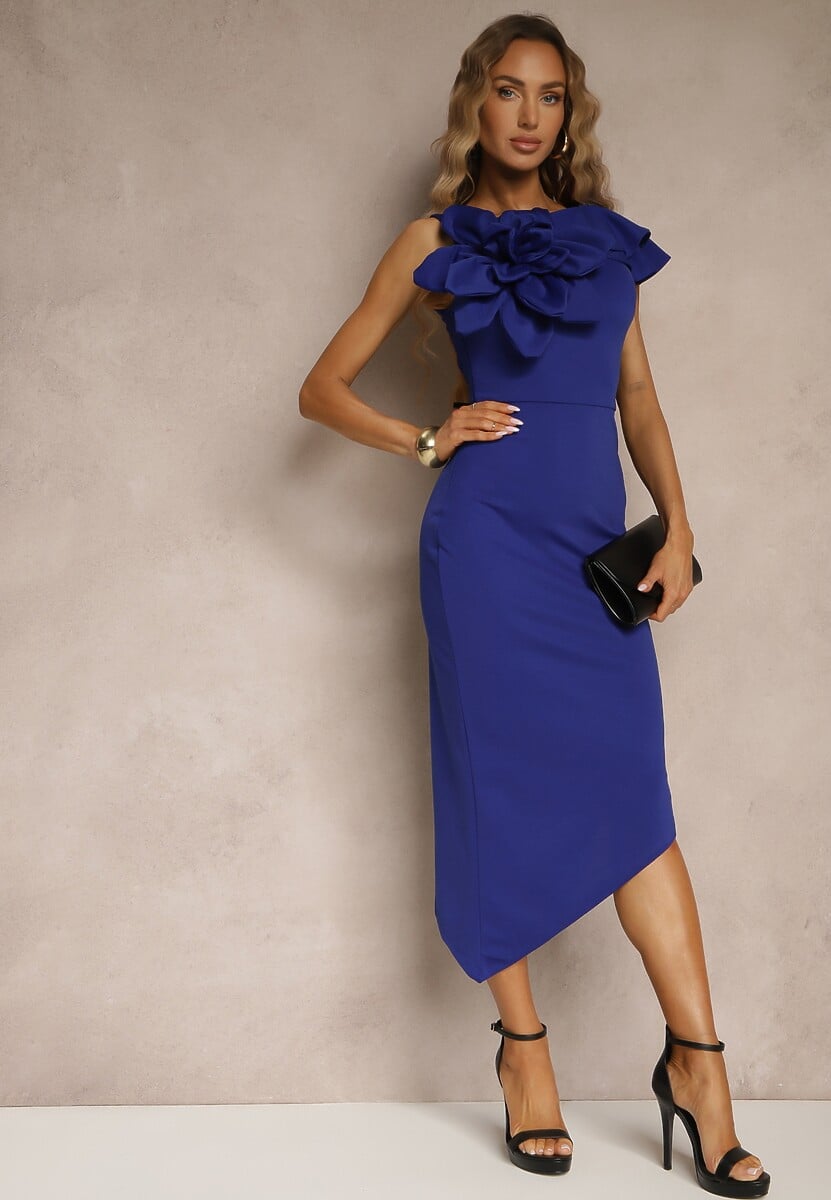 Niebieska Koktajlowa Asymetryczna Sukienka Vices z Kwiatem 3D i Falbankami Tolelira