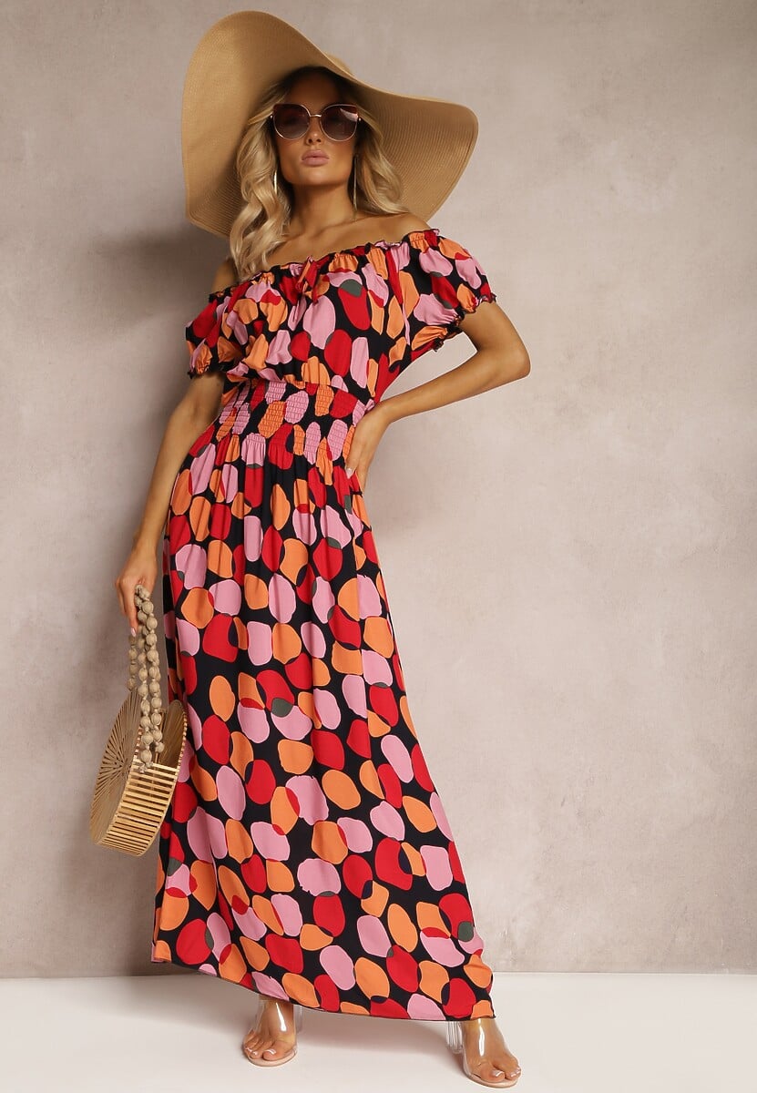 Granatowo-Różowa Sukienka Hiszpanka z Bawełny z Modelującą Gumką w Pasie Vearica