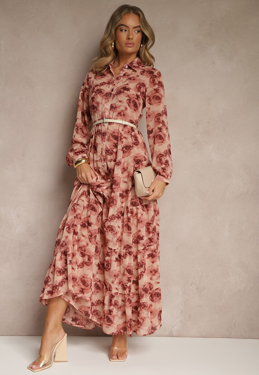 Różowa Rozkloszowana Sukienka Koszulowa Maxi w Kwiaty Nersa