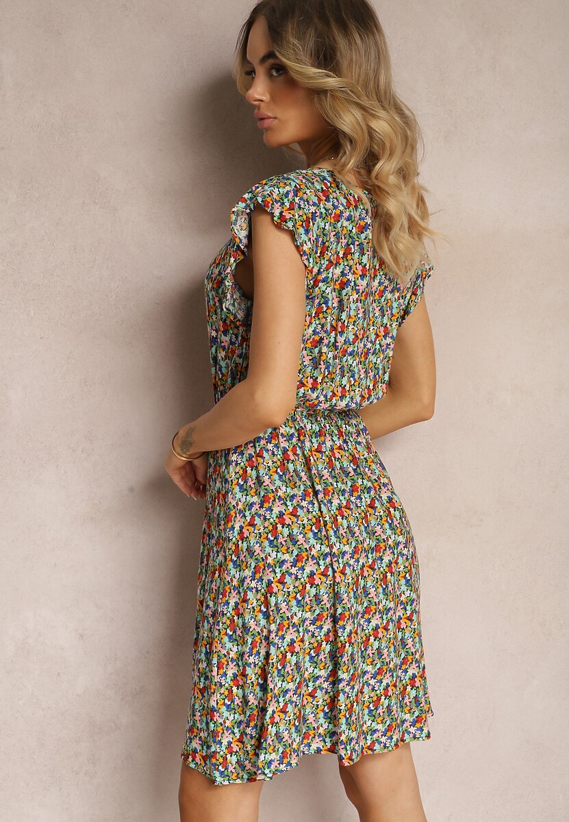 Granatowo-Zielona Sukienka z Bawełny z Gumką w Pasie i Falbanką Dimllea