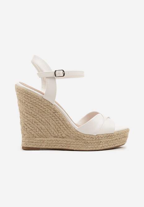 Białe Sandały na Plecionej Platformie i Koturnie ze Skórzaną Wkładką Nevama