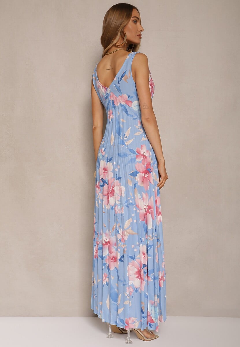 Niebieska Plisowana Sukienka o Rozkloszowanym Fasonie na Szerokich Ramiączkach Nitanela