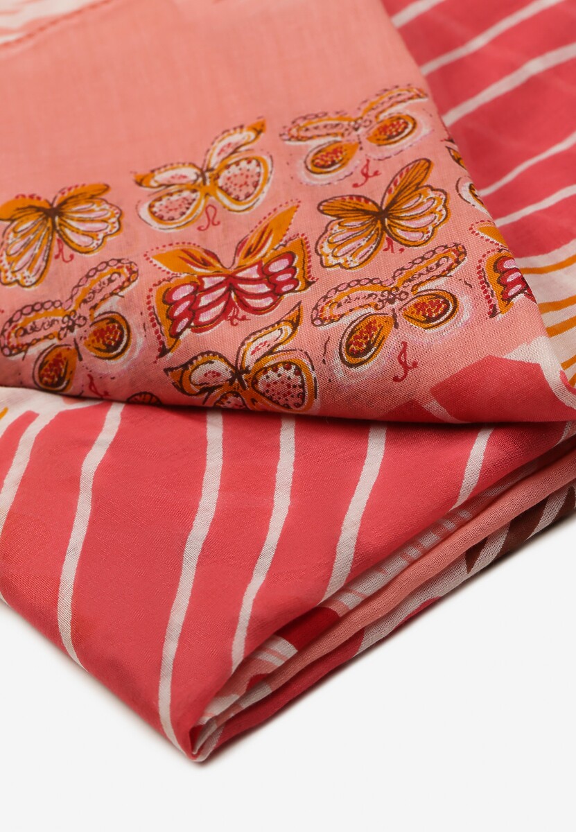 Różowo-Pomarańczowy Szalik w Stylu Apaszki z Bawełny z Motylami Geniosa