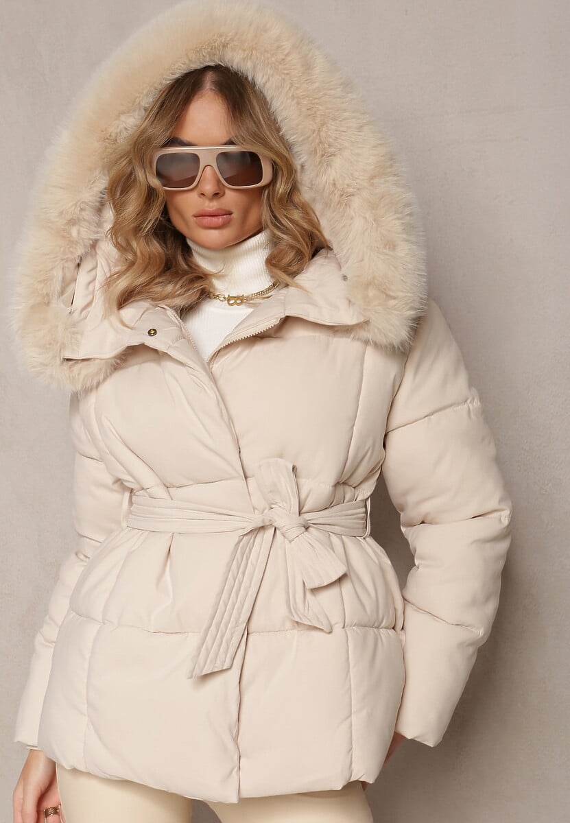 Czarna Wiązana Kurtka z Pikowaniem i Kapturem z Futerkiem Elinerra