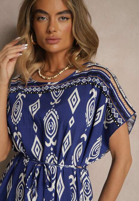 Niebieska Wiskozowa Sukienka o Pudełkowym Kroju w Etniczny Print Miriliana