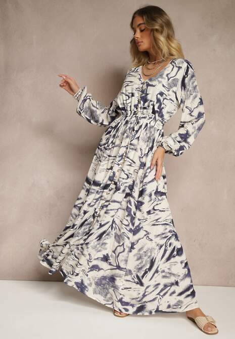 Niebieska Rozkloszowana Sukienka z Wiskozy w Abstrakcyjny Wzór z Gumką w Pasie Felpio