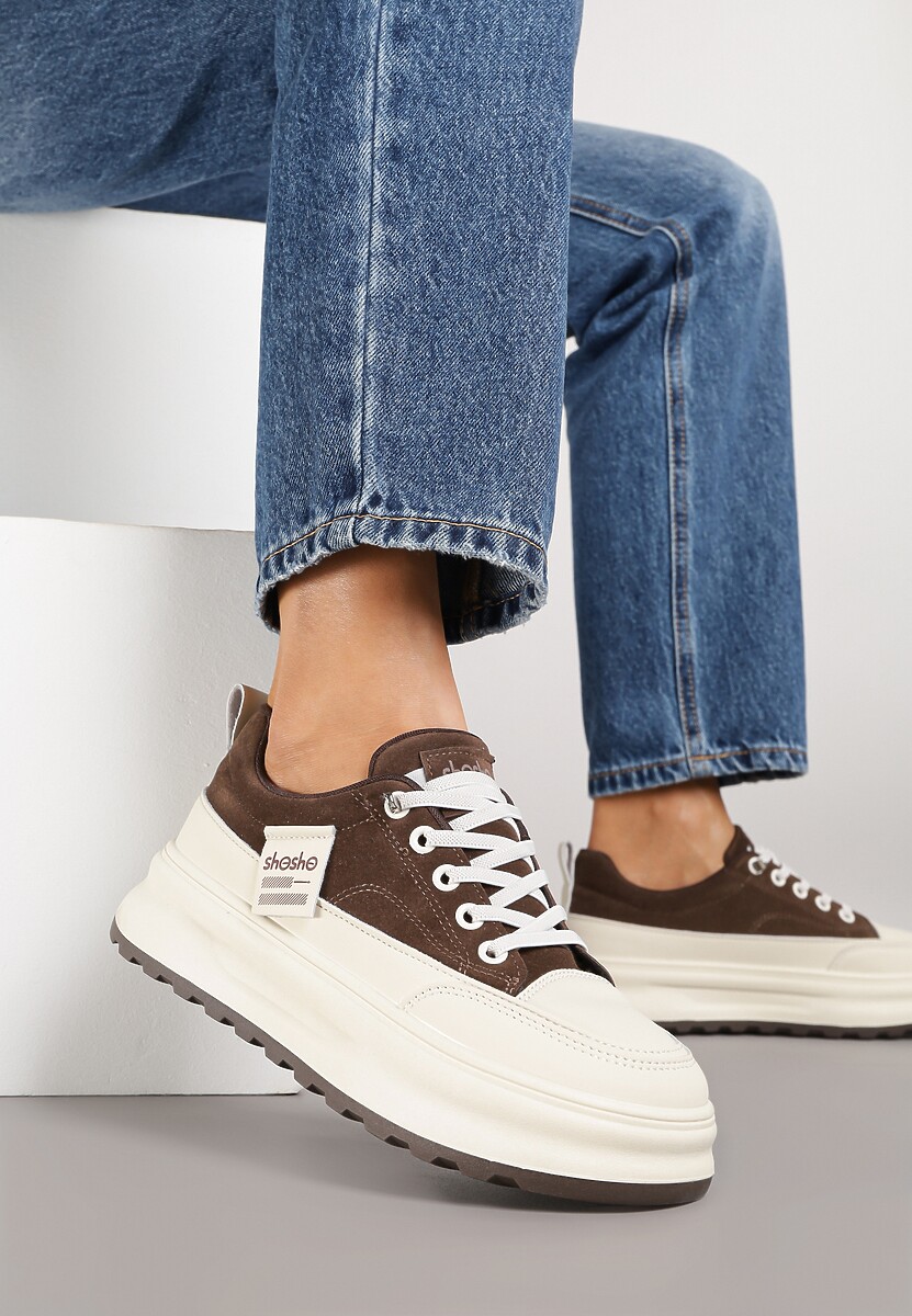 Brązowe Sneakersy na Tłoczonej Platformie Ozdobione Napisami  Naliase