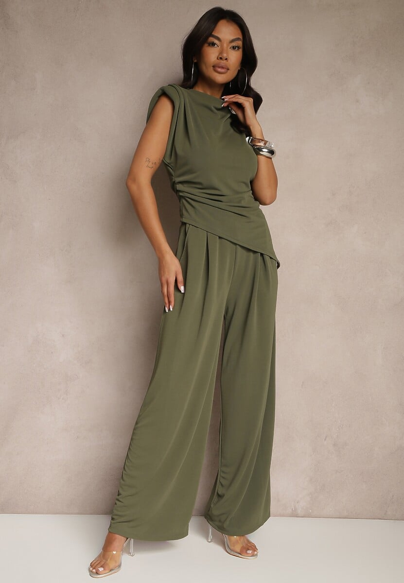 Jasnobrązowy Komplet Bluzka z Poduszkami w Ramionach i Proste Spodnie z Gumką w Pasie Divanes