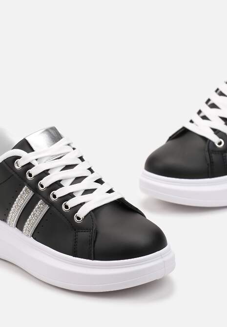 Czarne Sznurowane Sneakersy z Imitacji Skóry Ozdobione Paskami z Cyrkoniami Isolinna