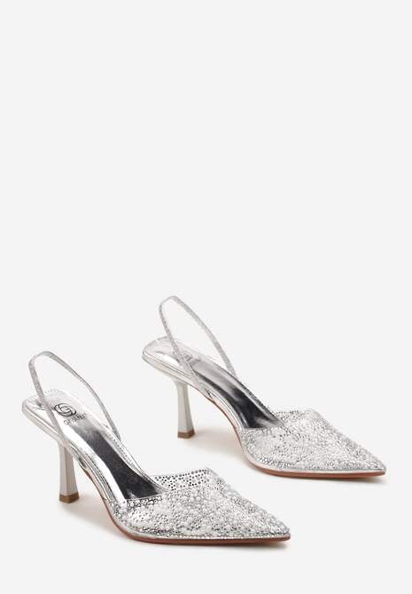 Srebrne Sandały z Transparentnym Noskiem na Szpilce Ozdobione Perłami i Cyrkoniami Halene