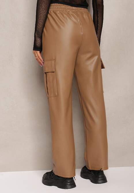 Ciemnobeżowe Szerokie Spodnie High Waist Ocieplone w Stylu Cargo z Gumką w Pasie i Kieszeniami na Klapy Vilencja