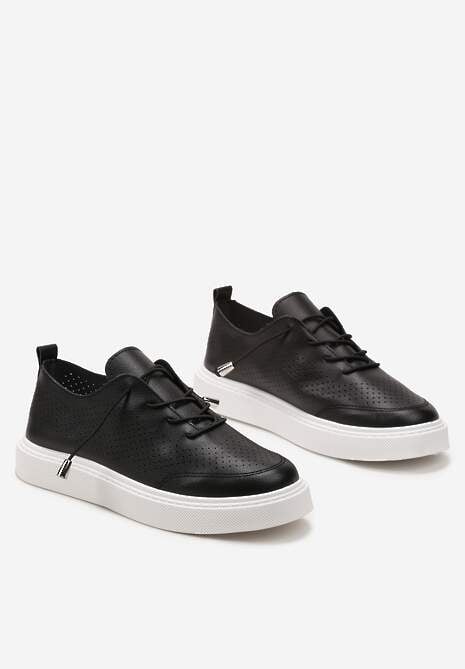 Czarne Sneakersy z Cienkimi Sznurówkami i Ozdobną Perforacją Venaria