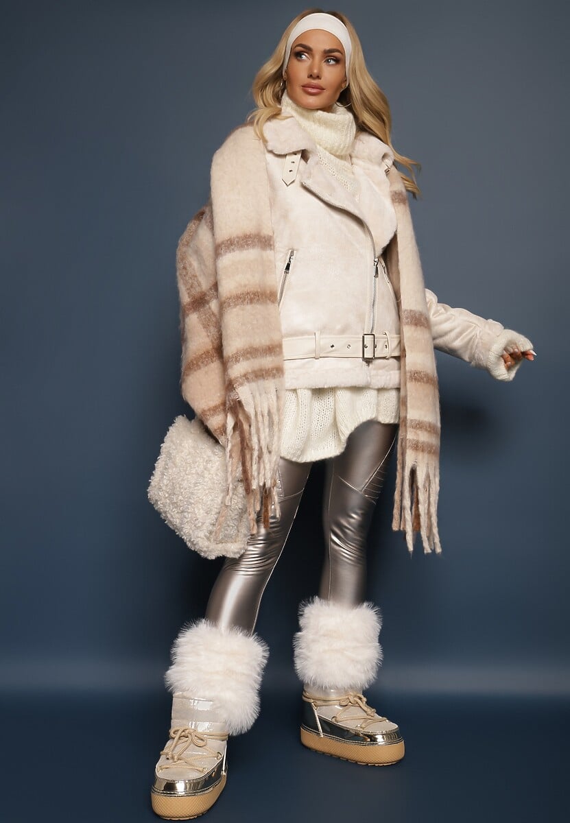 Jasnobeżowa Kurtka Biker z Ozdobnym Futerkiem i Paskiem z Klamrą Emaro