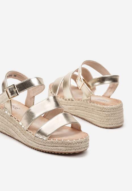 Złote Sandały na Plecionej Podeszwie Zapinane Wokół Kostki Liselia