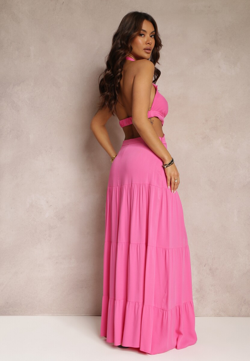 Fuksjowa Rozkloszowana Sukienka z Wiskozy z Wiązaniem i Wycięciami Kailen