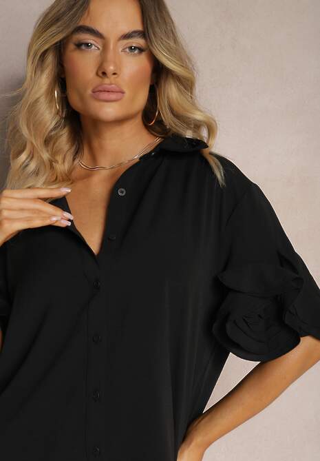 Czarny Komplet Szerokie Spodnie i Koszula z Falbanami Rivathins