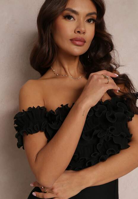 Czarna Dopasowana Sukienka na Ramiączkach z Falbanką Hemomay