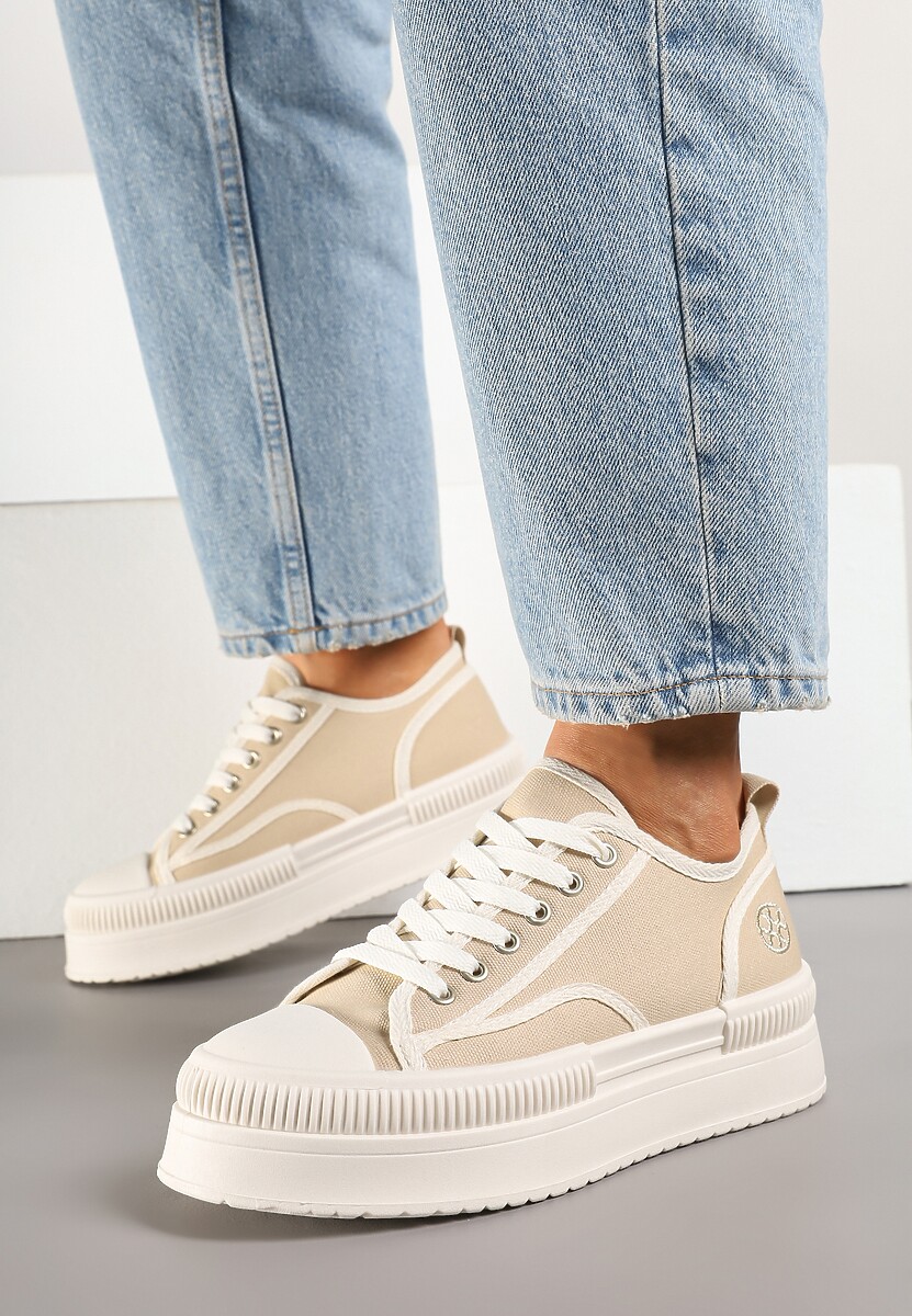 Ciemnobeżowe Trampki na Platformie z Metaliczną Ozdobą Afleeria