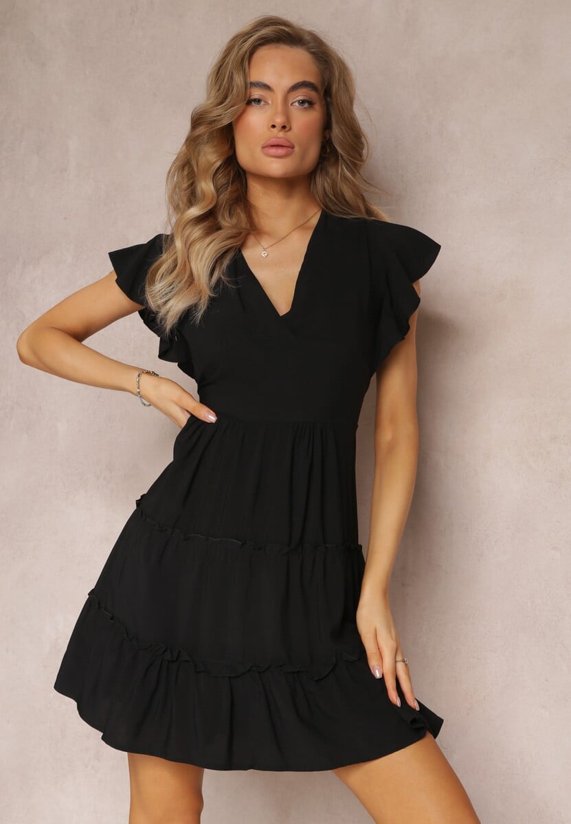 Beżowa Taliowana Sukienka Mini Ozdobiona Falbankami Salleni