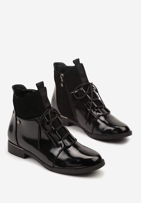 Czarne Botki Vices Lakierowane ze Sznurowaną Cholewką i Elastycznymi Panelami Flilera