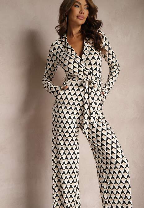 Beżowy Kombinezon z Kopertowym Dekoltem i Wiązanym Paskiem Tallsend