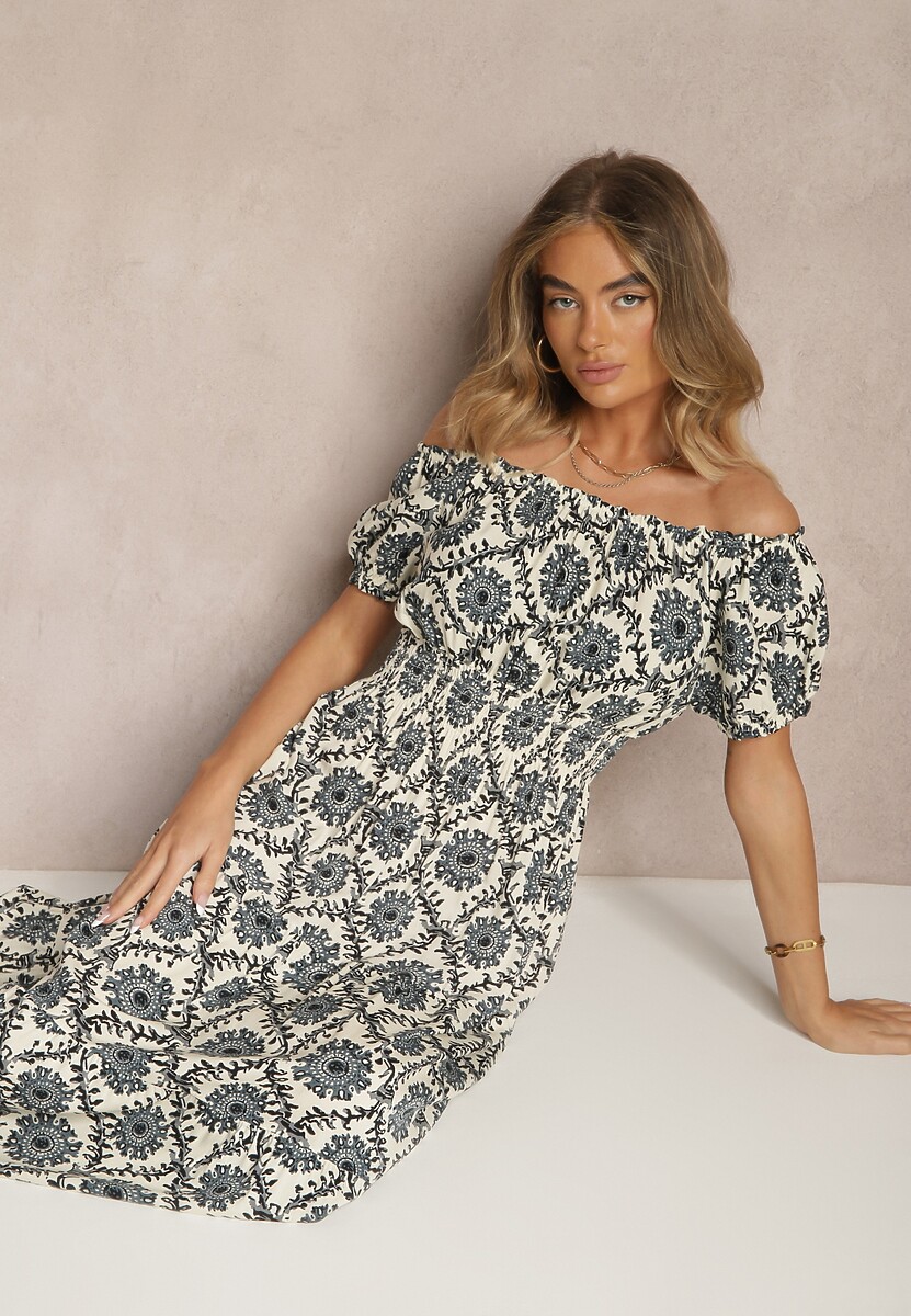 Niebieska Sukienka z Bawełną Ozdobiona Bufiastymi Rękawami Revalle