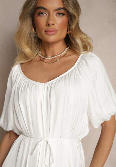 Biała Taliowana Sukienka Pudełkowa ze Sznurkiem w Pasie z Dekoltem w Łódkę Sonadoreta