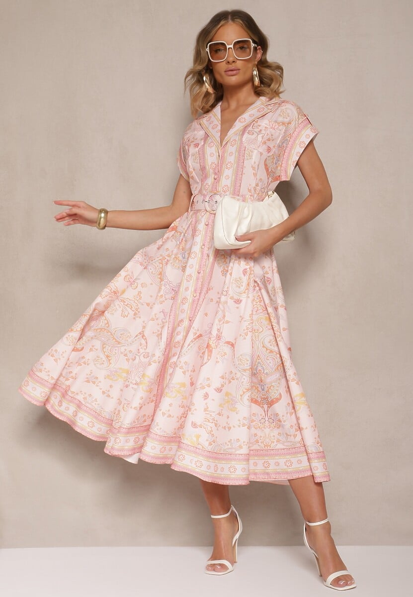 Niebieska Sukienka z Lnu i Wiskozy o Koszulowym Kroju z Paskiem z Klamrą Aluvanna