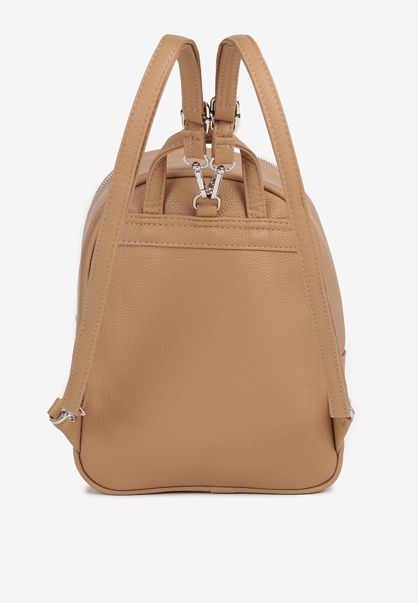 Beżowy Mały Plecak z Kieszonką i Metaliczną Ozdobą na Szelkach z Regulacją Ravasindra