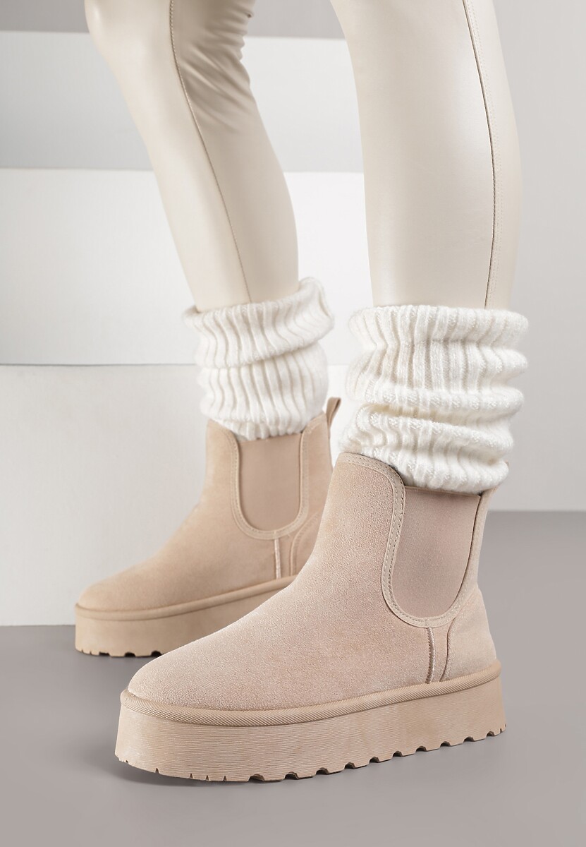 Beżowe Śniegowce na Platformie Typu Sztyblety Ahelina