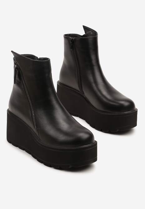 Czarne Casualowe Botki na Koturnie i Platformie z Ekoskóry Wykończone Suwakiem Irilorae