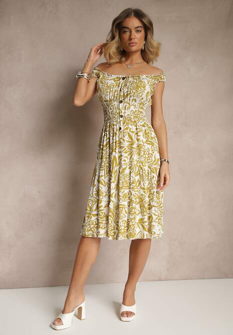 Jasnozielona Rozkloszowana Sukienka z Bawełny z Guzikami Lisanissea