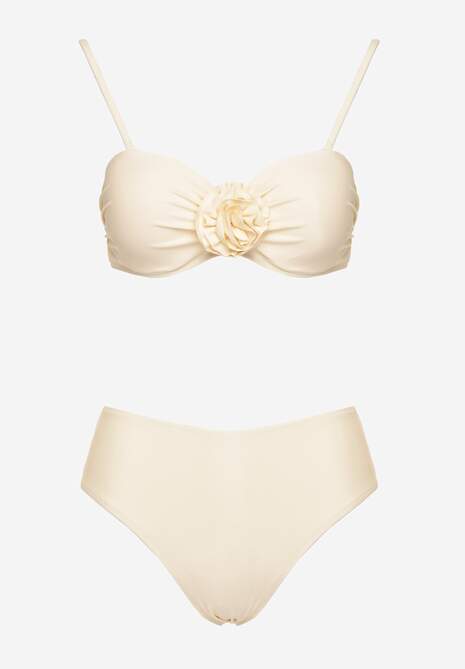 Beżowe Bikini Majtki Figi Biustonosz Ozdobione Kwiatem 3D Tenionea