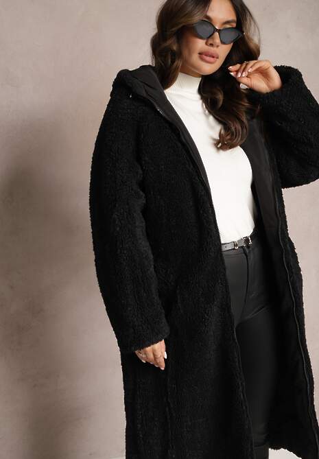 Czarna Ocieplana Kurtka Płaszcz Dwustronna z Kapturem Arisce