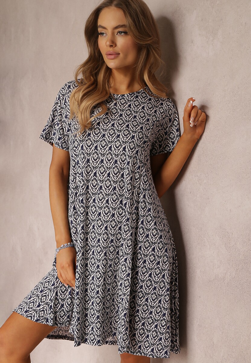 Czarno-Beżowa Sukienka Mini z Krótkimi Rękawami i Wzorem w Kwiaty Cassatha