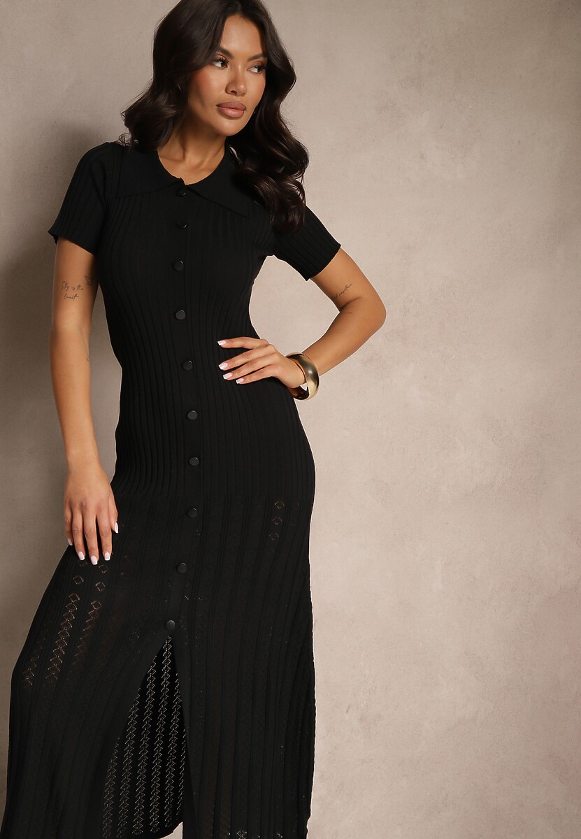 Czarna Wiskozowa Sukienka z Guzikami i Kołnierzykiem Zdobiona Koronką Alanella