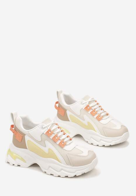 Biało-Żółte Sneakersy Na Grubej Podeszwie z Przeszyciami i Sznurwaniem  Marinil