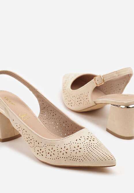 Beżowe Sandały Vices na Słupku Slingback ze Skórzaną Wkładką i Ażurowym Wzorem Iffinira