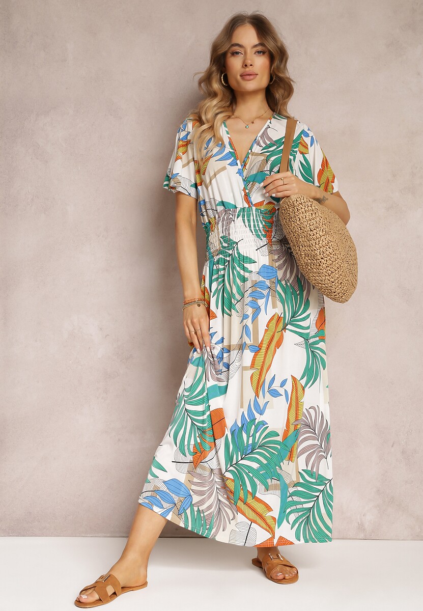 Biała Rozkloszowana Sukienka z Marszczonymi Gumkami w Talii i Krótkim Rękawem Laily