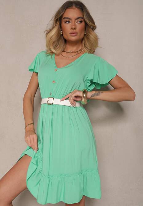 Zielona Sukienka Rozkloszowana z Bawełny Ozdobiona Falbanami i Guzikami Zoliova