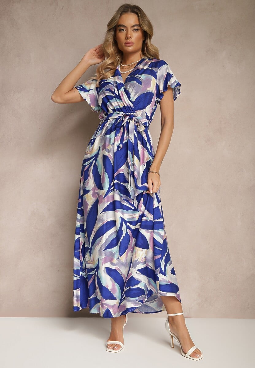 Niebieska Kopertowa Sukienka z Wiskozy z Wiązanym Paskiem w Roślinny Print Arivane