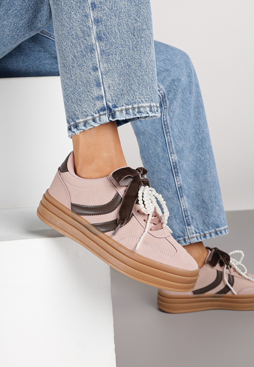 Różowe Sneakersy Tenisówki na Tłoczonej Platformie Ozdobione Perłami Ashinne