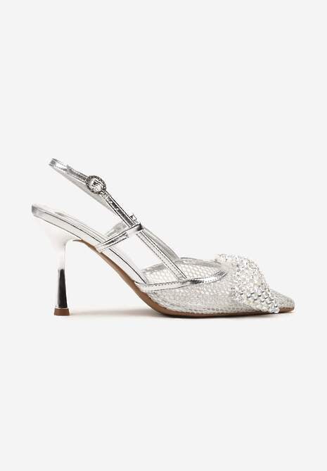 Srebrne Sandały Siateczkowe Vices na Szpilce Zdobione Kokardą i Cekinami Reandra