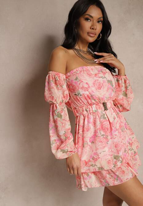 Jasnoróżowa Sukienka Hiszpanka z Wiskozy w Kwiaty z Paskiem i Falbanami Zelmoi