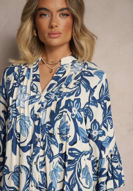 Niebieska Rozkloszowana Sukienka w Kwiatowy Print z Falbankami Ridirine